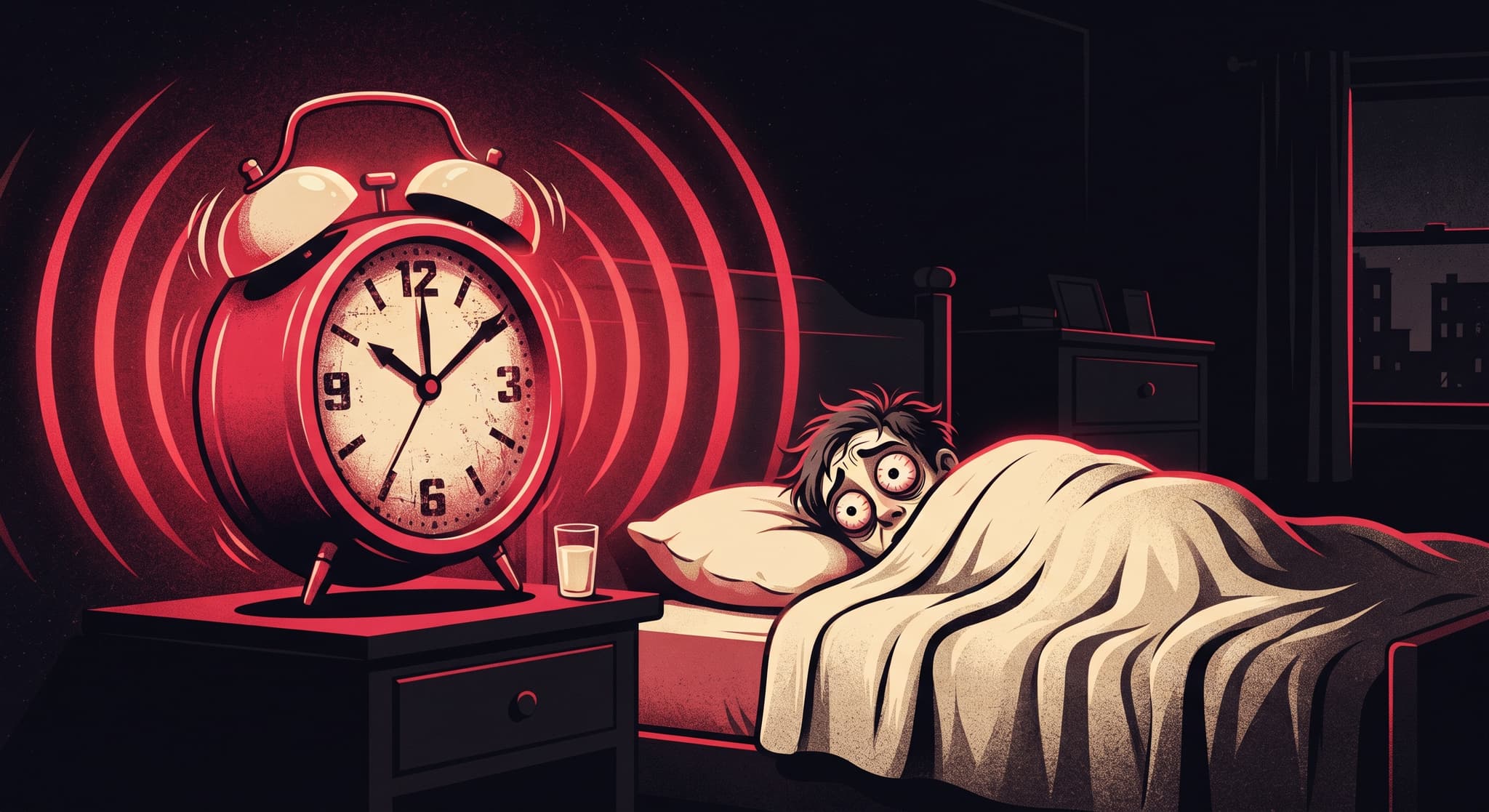 A sleeper staring at a ringing alarm clock